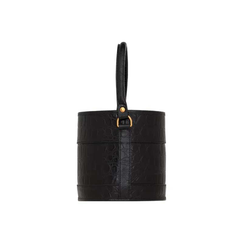 SAINT LAURENT Crocodile Pattern Patent Leather Bucket Bag Handbag Crossbody Bag Shoulder Bag Small Size Women's Black-4