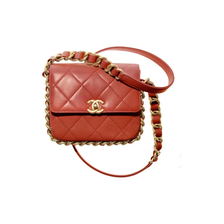 CHANEL 21K Winter Calfskin Flap Bag, Shoulder Bag, Crossbody Bag Trumpets Women's Red-0