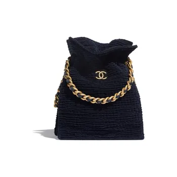 CHANEL Drawstring Cotton Naha And Gold Tuning Metal Shoulder Bag Women's Marine Blue