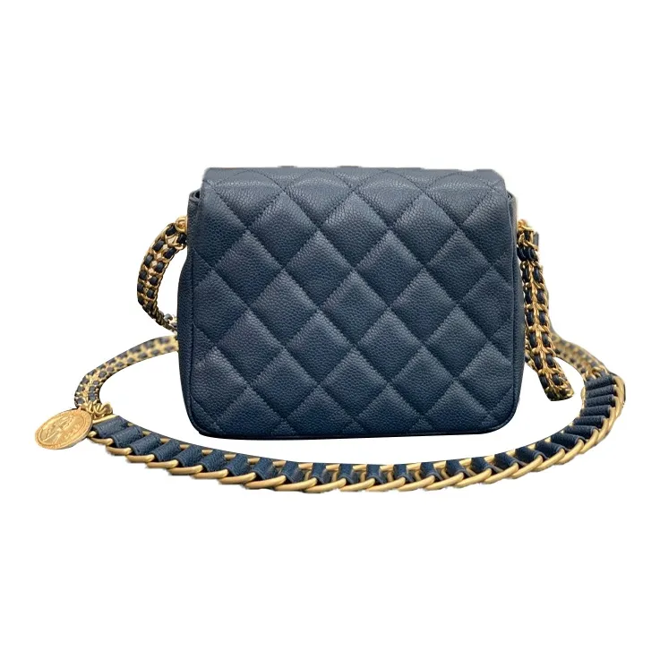 CHANEL Gold Coin Collection Grain Embossed Calfskin Flap Bag, Shoulder Bag, Crossbody Bag Mini Women's Marine Blue-3
