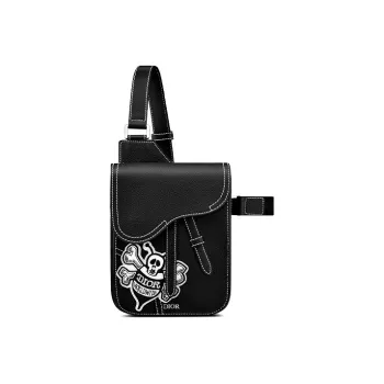 DIOR Shawn Collaboration Saddle Embroidery Crossbody Handheld Sling Bag Men's Black