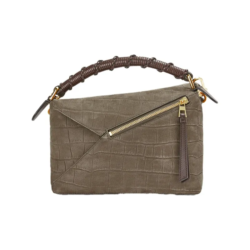 LOEWE Puzzle Suede Handbag Shoulder Bag Crossbody Bag Small Size Women's Olive Green-3