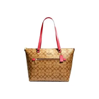 COACH Gallery Leather Handbag Large Size Women's Khaki Monogram & Pink Shoulder Strap