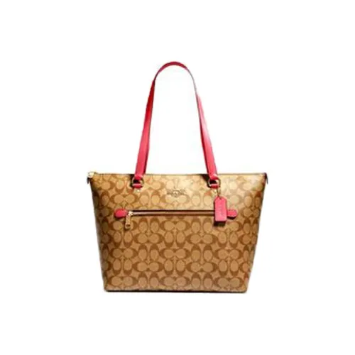 COACH Gallery Leather Handbag Large Size Women's Khaki Monogram & Pink Shoulder Strap