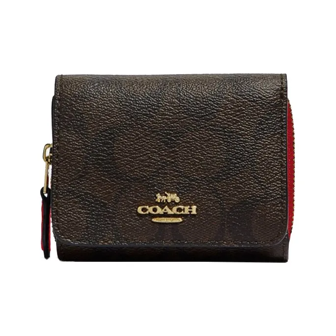 COACH Trifold Wallet Artificial Leather Wallet Women's Brown, True Red-0