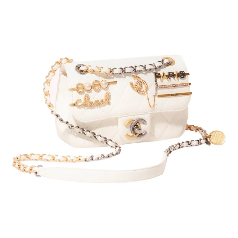 CHANEL Lambskin With Rhinestone Flap Bag, Crossbody Bag, Shoulder Bag Mini Women's White-1
