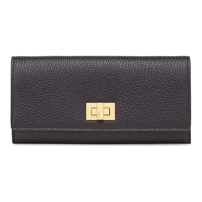 FENDI Peekaboo Calfskin Long Flap Wallet Women's Black-0