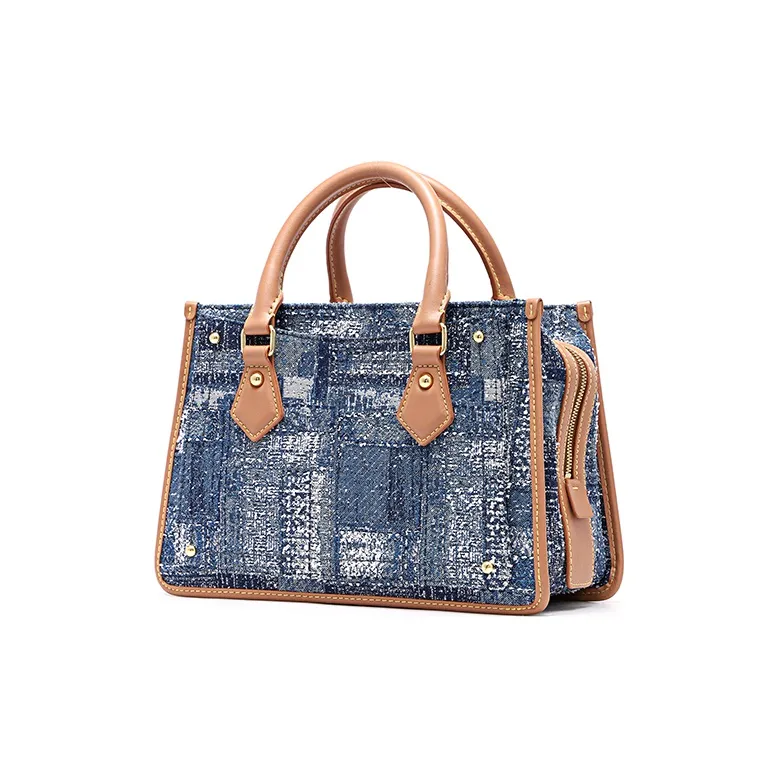 FION Leather One Shoulder Handbag Regular Women's Dark Blue/Camel-1