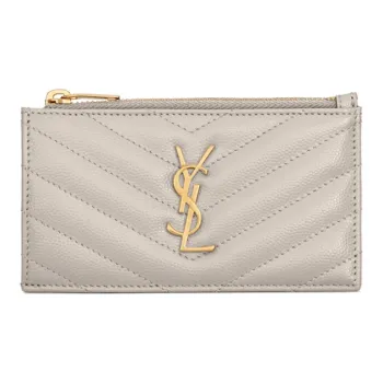 SAINT LAURENT Monogram Cow Leather Quilted Leather Card Clip Zero Wallet Card Holder Women's Vintage White