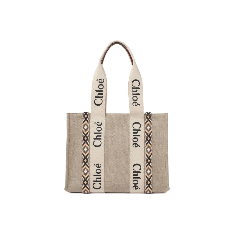 Chloe Woody Cow Leather Handbag Medium Size Women's Beige-0
