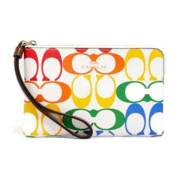 COACH Corner Zip Canvas Leather Clutch Wrist Bag Small Size Women's Multicolor