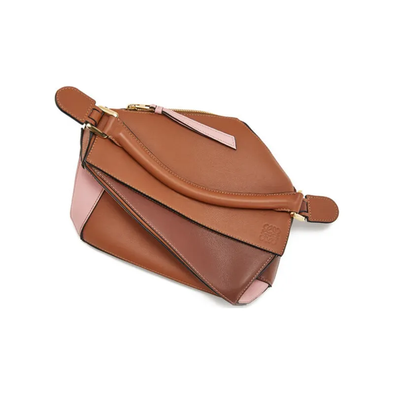 LOEWE Puzzle Calfskin Puzzle Bag Geometric Bag Shoulder Bag Crossbody Bag Handbag Small Size Women's Tan/Pink-3
