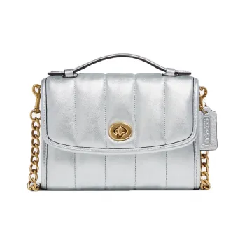 COACH Kip Soft Cow Leather Portable Chain Crossbody Bag Small Size Women's Metal Silver