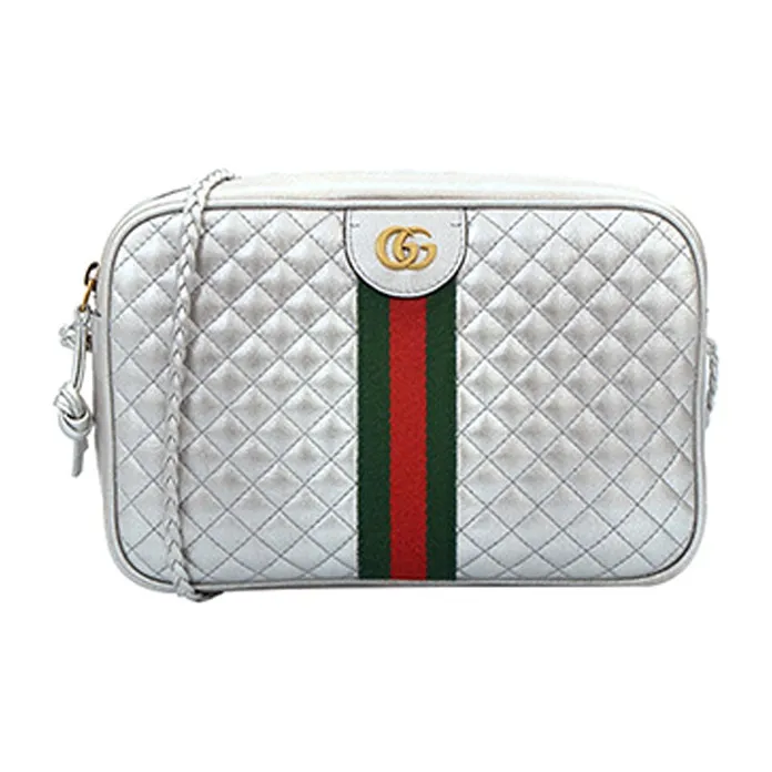 GUCCI Diamond Pattern Cow Leather Crossbody Bag Shoulder Bag Women's Silver-0