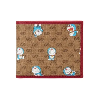 GUCCI Doraemon Doraemon Collaboration Canvas With Leather Wallet Unisex Ebony & Red
