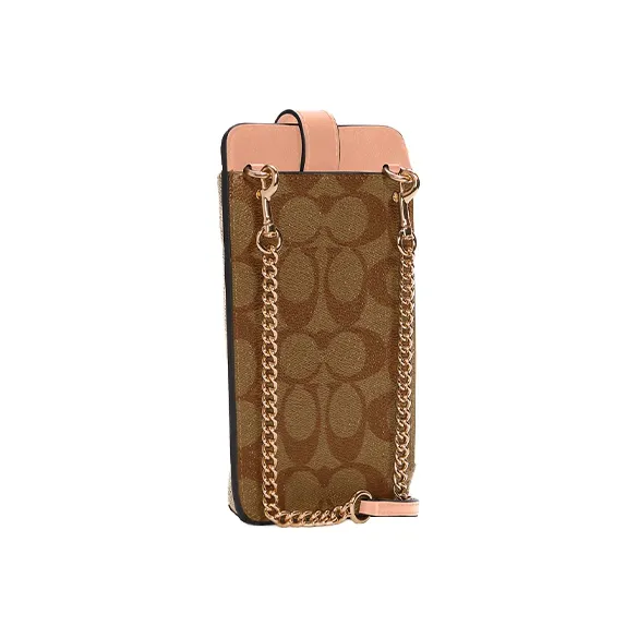 COACH N/S Canvas With Leather Crossbody Bag, Shoulder Bag, Cell Phone Pouch Small Size Women's Dark Brown & Light Pink-1