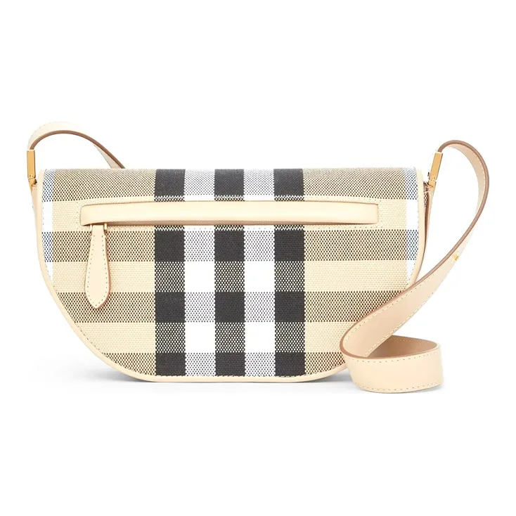 Burberry Olympia Plaid Canvas With Leather Ellenria Half Moon Bag Portable Crossbody Bag Shoulder Bag Women's Beige-2