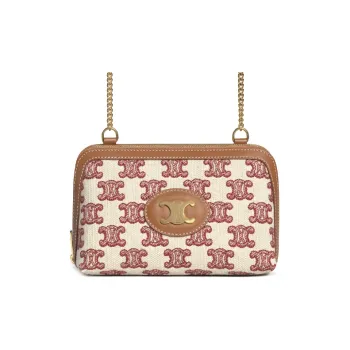 CELINE Triomphe Embroidered Fabric Cow Leather Binding Chain Bag Shoulder Bag Crossbody Bag Women's Red Fox