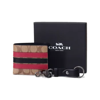 COACH Boxed Artificial Leather With Leather Keychain Wallet Gift Box Set Men's Red & Khaki