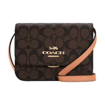 COACH Brynn Canvas Leather Shoulder Bag Crossbody Bag Small Size Women's Dark Brown With Shell Pink Shoulder Strap