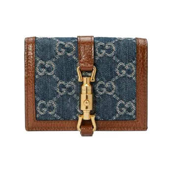 GUCCI Jackie 1961 Canvas With Leather Clutch Wallet, Card Holder Small Size Women's Blue, Brown & Multicolor