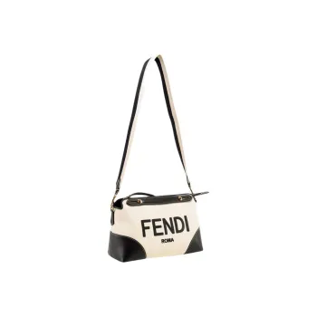 FENDI Canvas With Leather Boston Bag Handbag Shoulder Bag Crossbody Bag Medium Size Women's White/Black