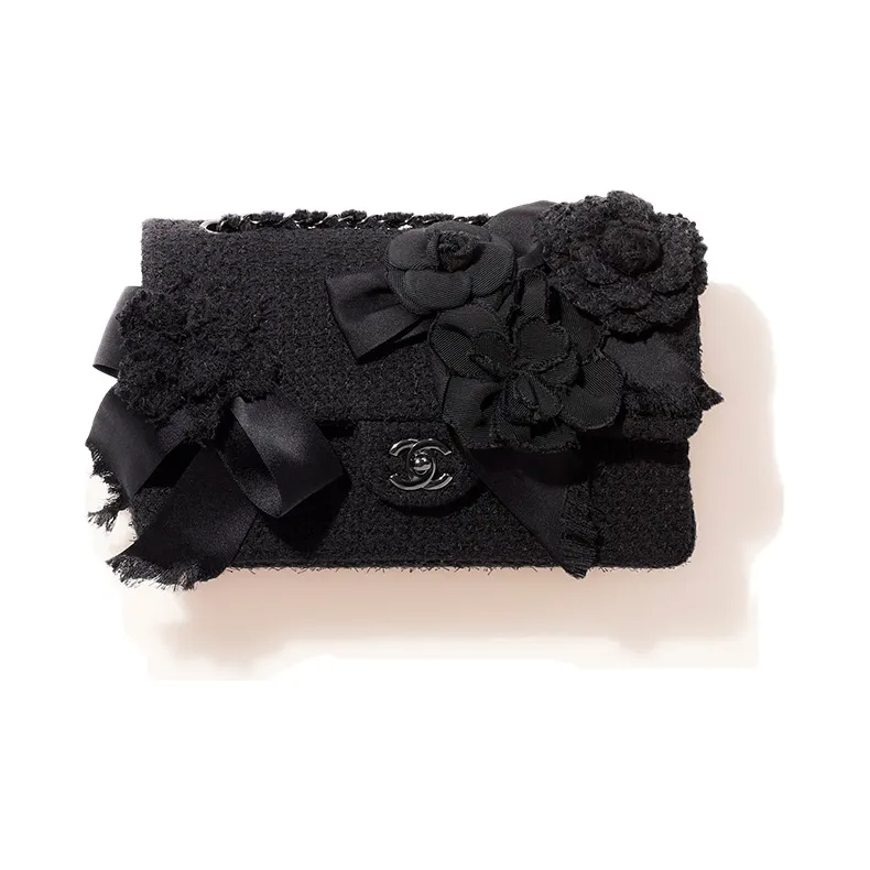 CHANEL Classic Flap CF Embroidery Twill Soft Woolen Shoulder Bag Women's Black-1