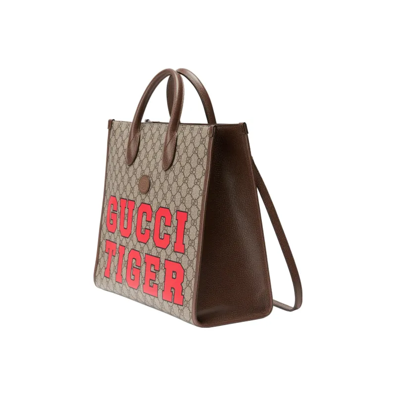 GUCCI Canvas With Leather Tote Bag Shopping Bag Shoulder Bag Crossbody Bag Handbag Unisex Ebony & Red-2