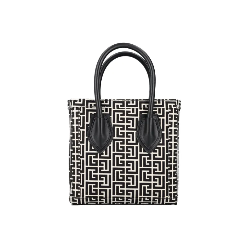 BALMAIN Cotton With Leather Shoulder Bag Crossbody Bag Handbag Women's Black White-3