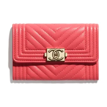 CHANEL Leboy Grain Embossed Calfskin Flap Wallet Card Holder Women's Pink