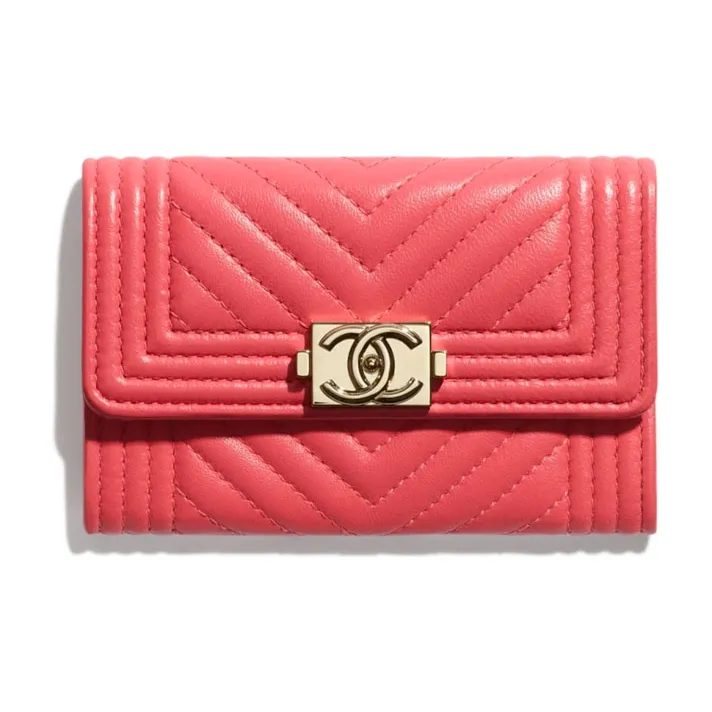 CHANEL Leboy Grain Embossed Calfskin Flap Wallet Card Holder Women's Pink-0