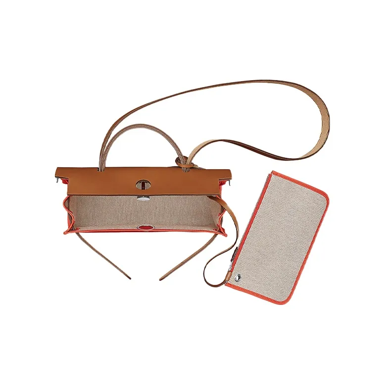 HERMES Herbag Zip Cowhide Patchwork Canvas Handbag Shoulder Bag Crossbody Bag Women's Orange Red/Brown-3