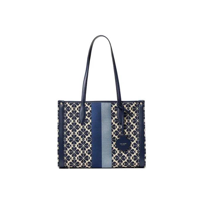 Kate Spade Market Fabric With Leather Tote Bag, Shopping Bag, Shoulder Bag, Handbag Medium Size Women's Blue White-0