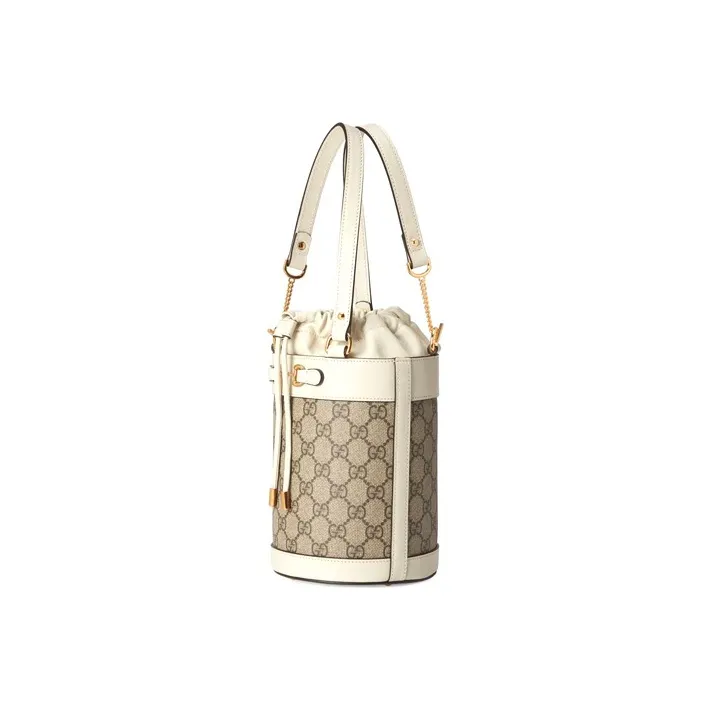 GUCCI Horsebit 1955 Canvas With Leather Bucket Bag, One Shoulder Handbag Trumpets Women's Ebony/White-1