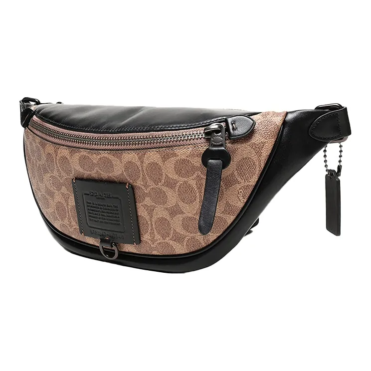 COACH Rivington Canvas With Leather One Shoulder Crossbody Fanny Pack Large Size Men's Khaki Brown & Black-1
