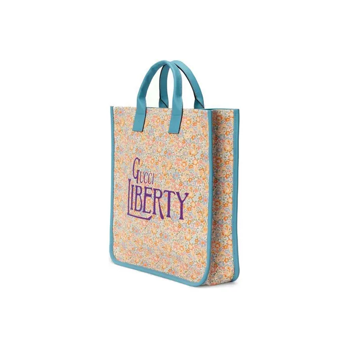 GUCCI Liberty Collaboration Fabric With Leather Tote Bag Shopping Bag Handbag Kids' Light Pink/Light Blue-1