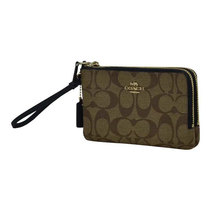 COACH Corner Zip Double-Layer Monogram Canvas With Leather Wrist Bag Mahjong Bag Clutch Women's Dark Khaki-1