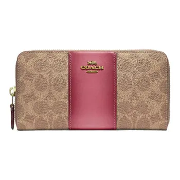 COACH Accordion Zip Canvas With Cow Leather Wallet Women's Brown & Rose Pink