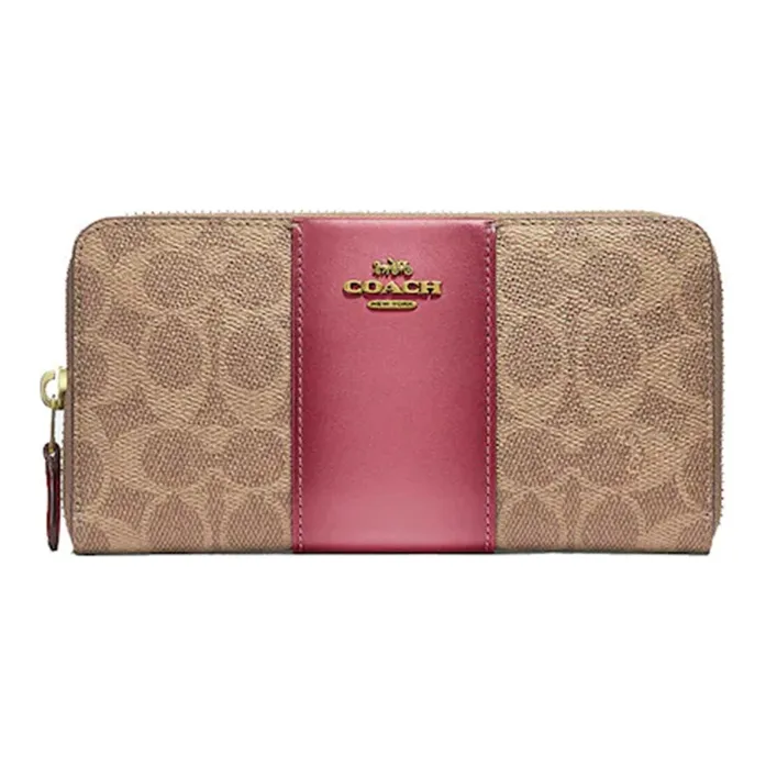 COACH Accordion Zip Canvas With Cow Leather Wallet Women's Brown & Rose Pink-0