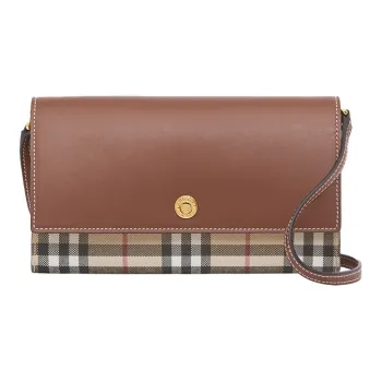 Burberry Vintage Leather, Textile Wallet, Shoulder Bag, Crossbody Bag Women's Beige/Brown