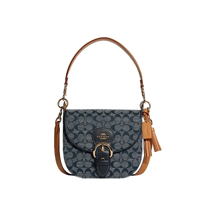 COACH Kleo Fabric With Cow Leather Saddle Bag, Shoulder Bag Medium Size Women's Denim Blue & Taupe-0