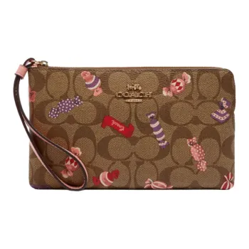 COACH Corner Zip Leather PVC Clutch Small Size Women's Brown Monogram
