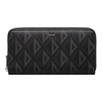 DIOR Smooth Cow Leather & Cotton Gray Canvas Wallet Men's Black