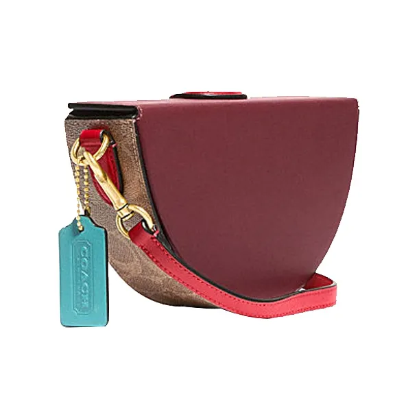 COACH Semi Circle Cow Leather Shoulder Bag Crossbody Bag Women's Brown Yellow Bright Red-1