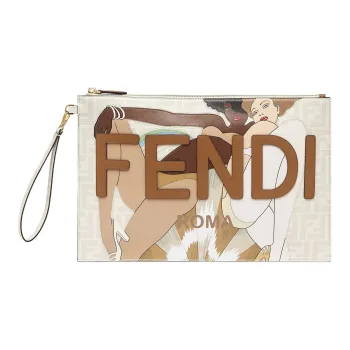 FENDI Cow Leather Clutch Large Size Unisex White/Multicolor