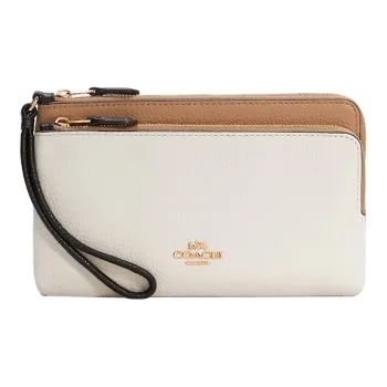 COACH Double Zip Wallet Pebbled Leather Wrist Handheld Wallet Small Size Women's Milk Tea Beige With White Accents