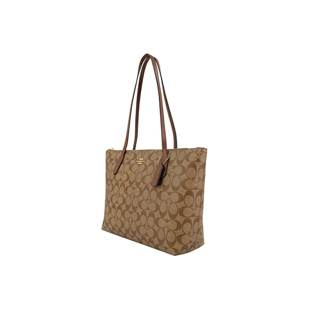 COACH Zip Top Tote Canvas With Leather Tote Bag Shopping Bag Shoulder Bags Large Size Women's Brown Monogram-1