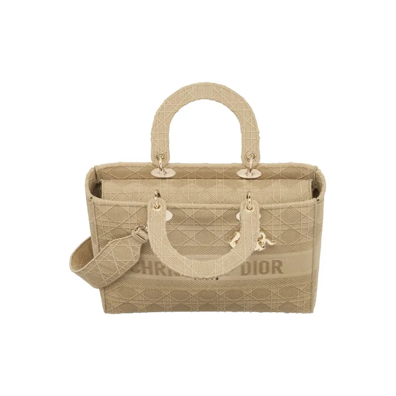 DIOR Lady D-Lite Cotton Handbag Shoulder Bag Crossbody Bag Large Size Women's Beige-1