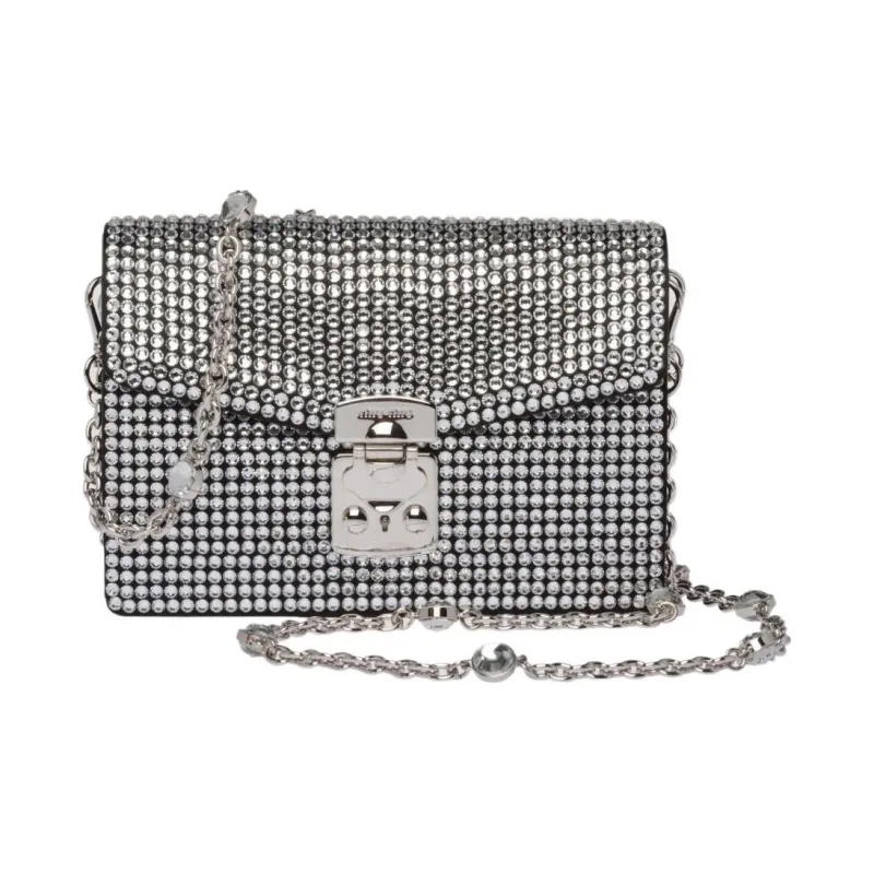 MIU MIU Crystal Patchwork Leather Crossbody Bag Shoulder Bag Women's Silver-0