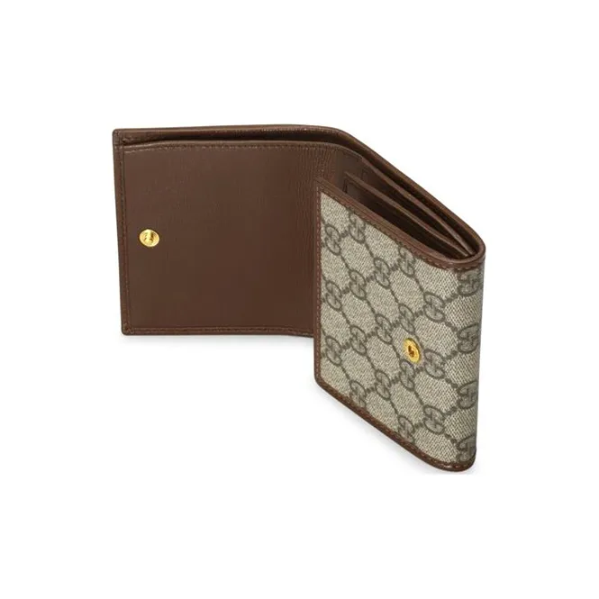 GUCCI Canvas With Leather Wallet With Coin Purse Unisex Ebony & Brown-4